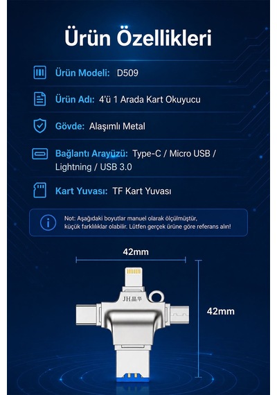 4ü 1 Arada Tf Kart Okuyucu, Type-c Lightning Micro Usb Usb 3.0 Bağlantılı Otg Adaptör, 5gbps Hızlı Veri Aktarımı, Telefon Tablet Pc Uyumlu, Metal Gövde D509