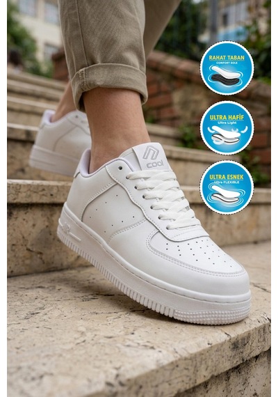 Cool Beyaz Bağcıklı Kalın Tabanlı Unisex Yürüyüş Ve Spor Ayakkabı Sneaker Pekin Kısa