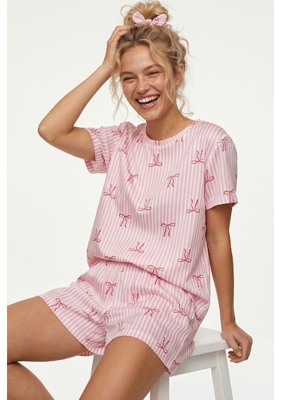 Siyah İnci İnce Soft Örme Mevsimlik Şortlu Pijama Takımı 8045 Pembe Fiyonk