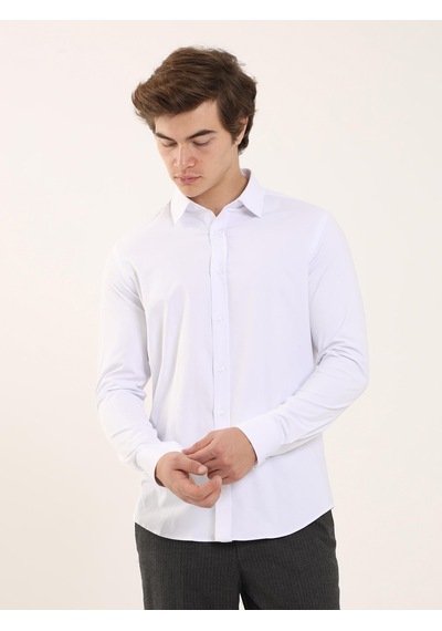 Dufy Beyaz Erkek Slim Fit  Klasik Yaka Uzun Kol Gömlek - 88164 Beyaz