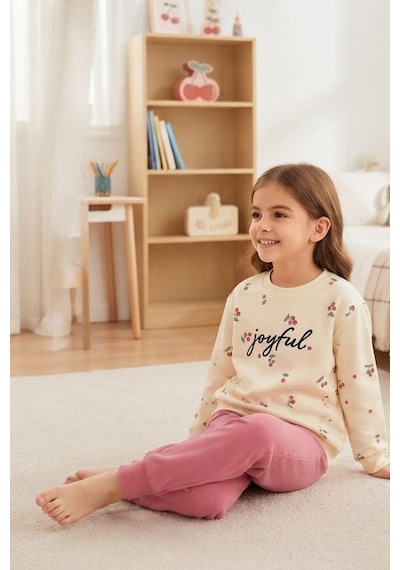 Pina Kids Kız Çocuk Kirazlı Desenli Okul Günlük Eşofman Takımı Esf7034 Pembe