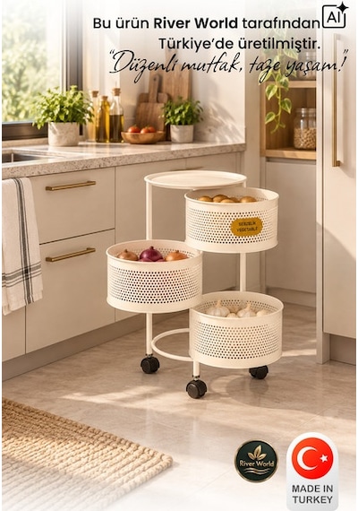 River World Tekerlekli Rengi Krem Açılabilen 3 Katlı Çok Amaçlı Metal Raf Mutfak, Balkon, Kiler Çok Renkli