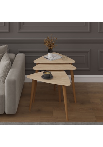 Asra Trend 3'lü Üçgen Zigon Sehpa Takımı SEHPA02 %100 MDF Ahşap Ayaklı Sonoma