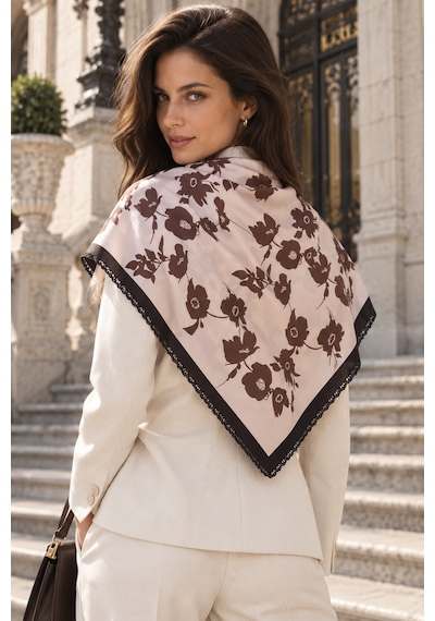 Tarzını Seç Ekru Gece Çiçekleri Desenli Dantel Oya Kesim Fular / Bandana 70 X 70 Cm