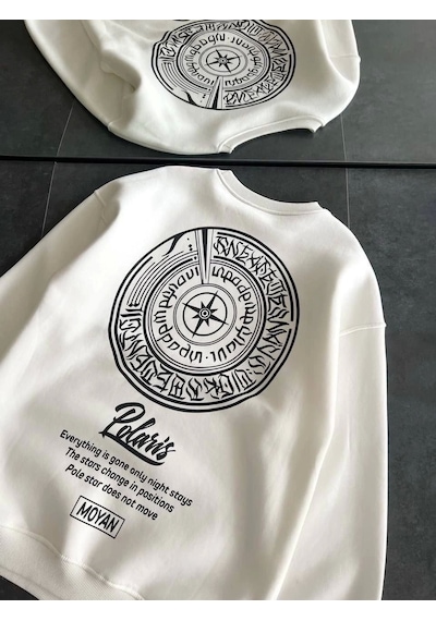 Kışlık Bisiklet Yaka Ön Ve Arka Baskılı Sweatshirt - Beyaz Beyaz