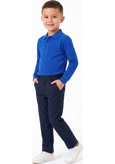 Nacar Store Unisex Çocuk Uzun Kollu Polo Yaka Lakost Okul Tişörtü Saks Mavi