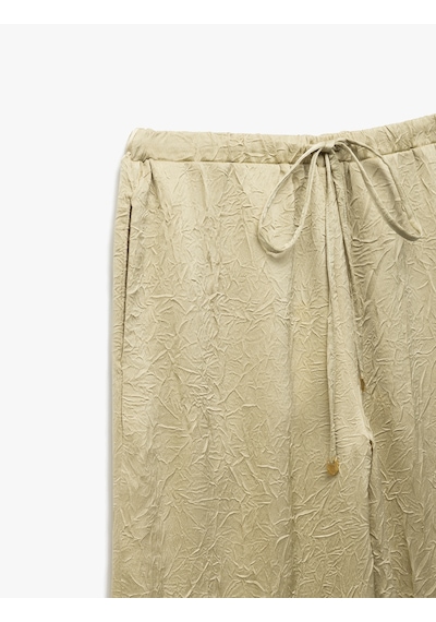Koton Beli Bağlamalı Yüksek Bel Geniş Paça Dokulu Saten Pantolon Haki Desenli 5sak40238uw Haki Desenli Haki