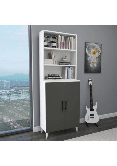 Reyo Home Enda Oras 6 Raflı Kapaklı Kitaplık Antrasit- Beyaz