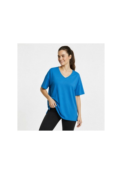 Lyvean V Yaka Oversıze Kısa Kollu Tshirt Saks Mavi