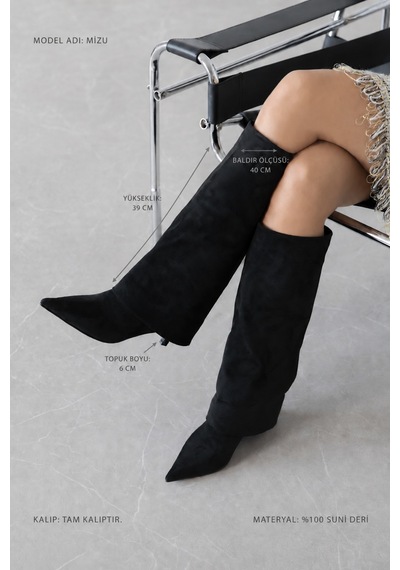 Wolk Shoes Mizu Kadın Tozluk Detay Süet Çizme Siyah - 939927300 Siyah
