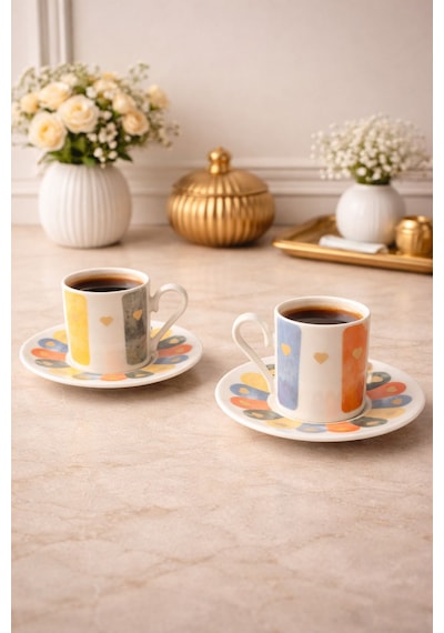 2 Kişilik Porselen Soft Renkli Kahve Fincan Takımı Seti 90ml Beyaz