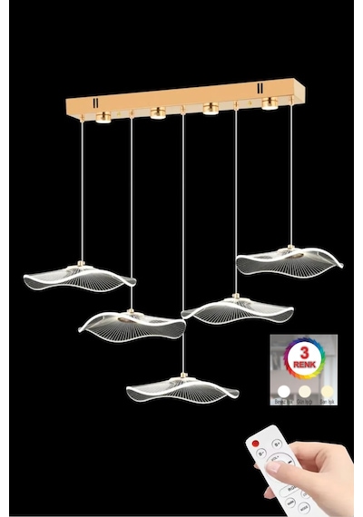 İstanbul Avize Şapka Led Yemek Masası 5'li Gold Üç Renk Ledli Lüx Modern Ledli Avize