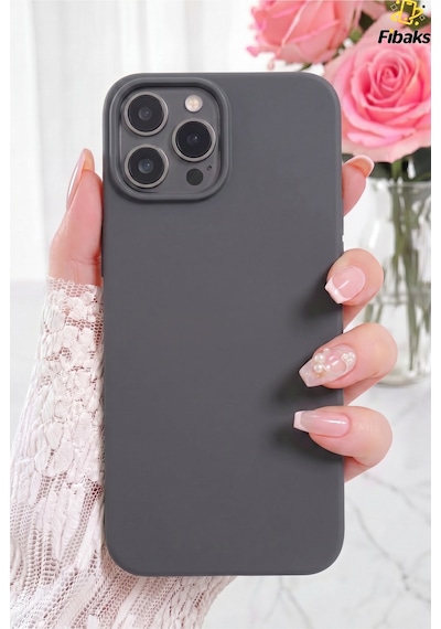 Fibaks iPhone 15 Pro Max Uyumlu Kılıf Kadife Lansman Soft Yumuşak Liquid Silikon Kamera Korumalı Kapak Koyu