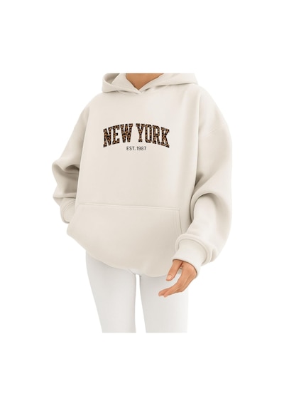 Benroma 3 İplik Penye New York Baskılı Ünisex Kapüşonlu Sweat Beyaz