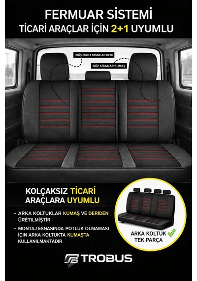 Ford Kuga 2017-2019 2+1 Uyumlu Deri Koltuk Kılıfı Jetdrive Serisi Siyah Kırmızı