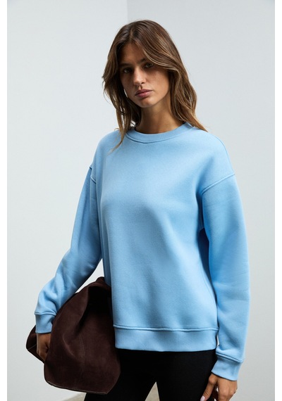 Grimelange Susana Kadın Bisiklet Yaka İçi Polarlı Oversize Fit Basic Mavi Sweatshirt Mavi