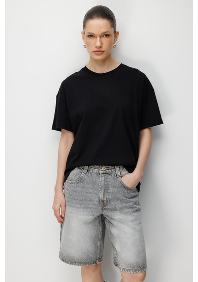 Mixray 48522 Kadın Yırtmaçlı Oversize Basic %100 Pamuk 2 Li T-shirt Beyaz Siyah Siyah - Beyaz