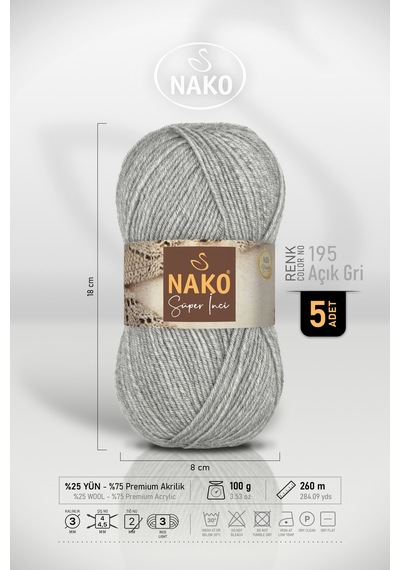 Süper İnci - 195 Açık Gri - 5'li Paket - 100gr/260m - El Örgü İpi - Atkı Yelek Kazak İpi