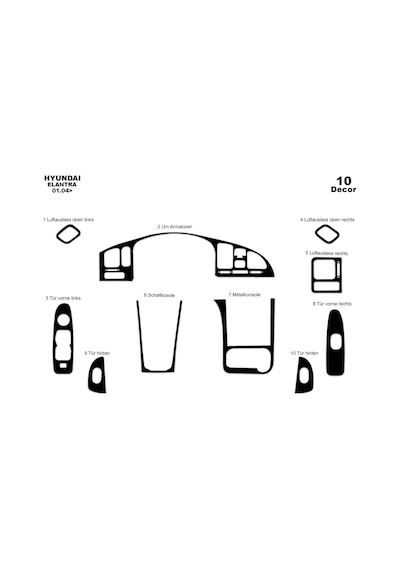 Hyundai Elantra Torpido Kaplama 2004-2007 10 Parça Piano Black