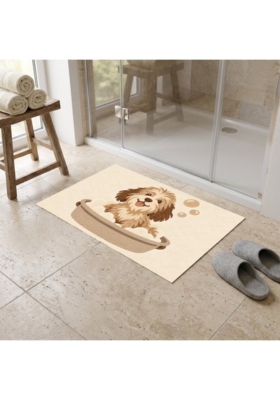 Kartela Halı Köpek Desenli Banyo Paspası Bej Kaymaz Taban Makinede Yıkanabilir 60x90 Cm