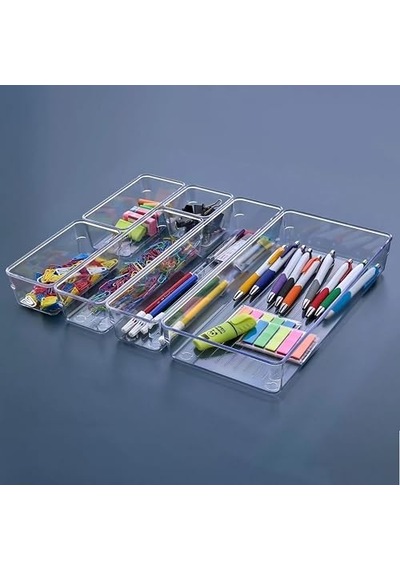 Promosyonca 6 Parça Organizer Çekmece İçi Düzenleyici, Şeffaf Kristal Plastik Düzenleyici Seti, Plastik Organizer Genel