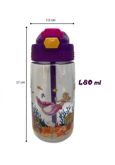 480 Ml Baskılı Çocuk Matarası Kilitli Kapak Ve Taşıma Kulpu Mor