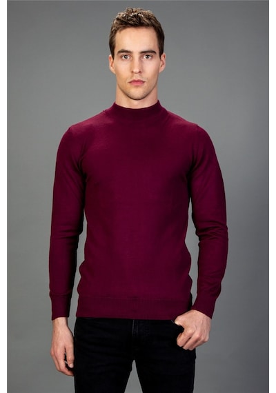 Tudors Slim Fit Dar Kesim Yarım Balıkçı Yaka Düz Erkek Kazak-12383 Bordo