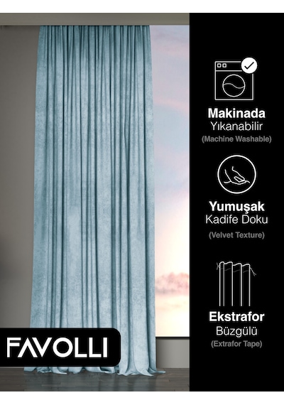 Br Favolli Kadife Dokulu Sis Mavisi Ada Fon Perde Ekstrafor Büzgülü Dream Series Sis Mavisi