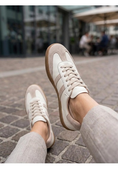 Potinonline 810 Kadın Hakiki Deri Süet Yanı Çizgili Sneaker Ayakkabı Bej