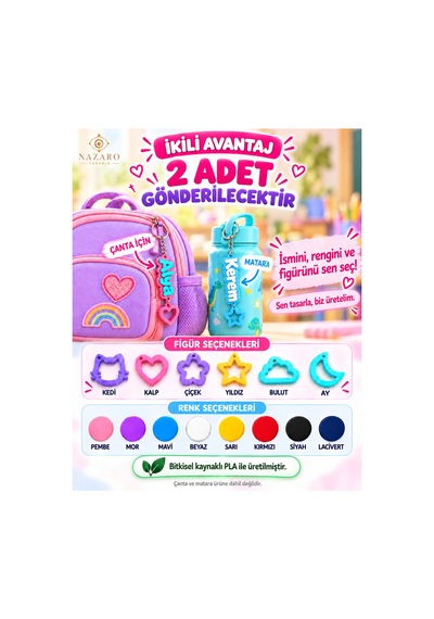 2 Adet İsme Özel Kişiye Özel İsimli Figürlü Ahahtarlık Çanta Matara Aksesuarı Pembe - 926040619 Pembe