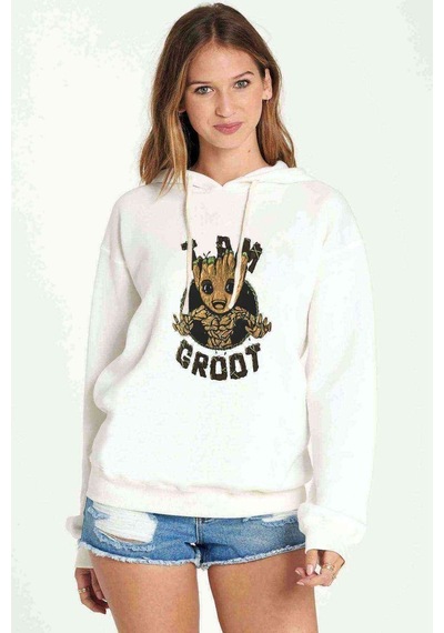 I Am Groot Sarmaşık Baskılı Beyaz Kadın Kapşonlu Sweatshirt
