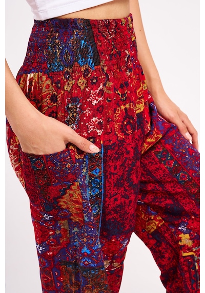Giysa Kırmızı Etnik Desenli Kadın Şalvar Yoga Pantolonu %100 Viskon Çift Cepli - 2460 Kırmızı