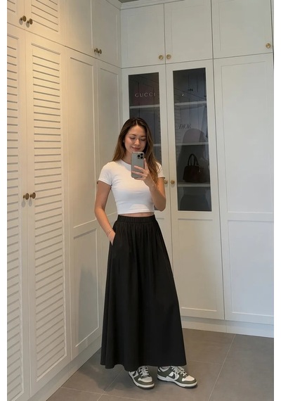 Kadın Siyah Poplin Kumaş Uzun Etek Beli Lastikli Günlük Maxi Etek 90 Cm