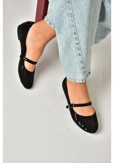 Fox Shoes U726634504 Siyah Kumaş Taş Detaylı Babet Siyah-kumaş Siyah