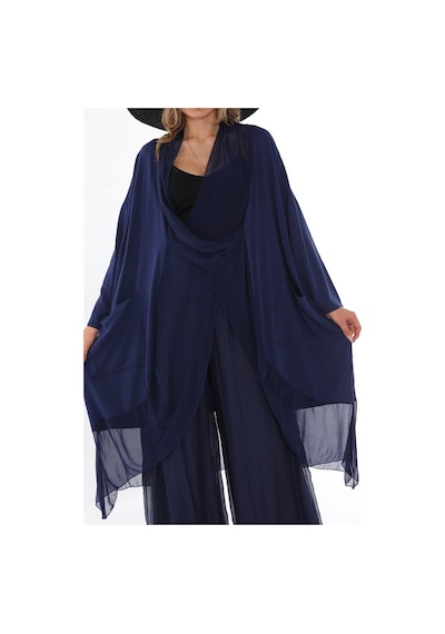 Bohem Stil Italyan Ipek Detaylı Oversize Kap Bluz- Wes Pantolon Takım-8789 Lacivert