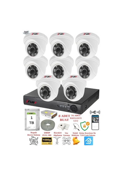 Fury 8 Kameralı 5mp 3.6mm Lens 2mp Görüntü 6 Atom Led Gece Görüşlü Fullhd Güvenlik Kamerası 1412a 1tb