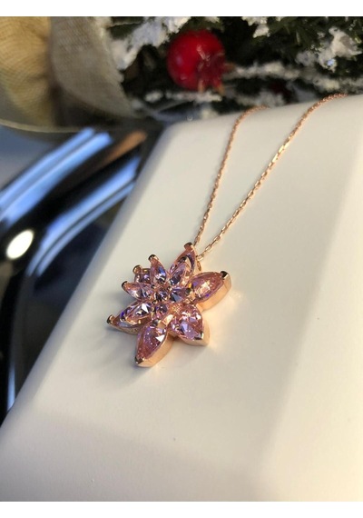 Vog Pembe Taşlı Lotus Çiçeği Büyük Boy 925 Ayar Gümüş Sevgiliye Eşe Anneye Kolye