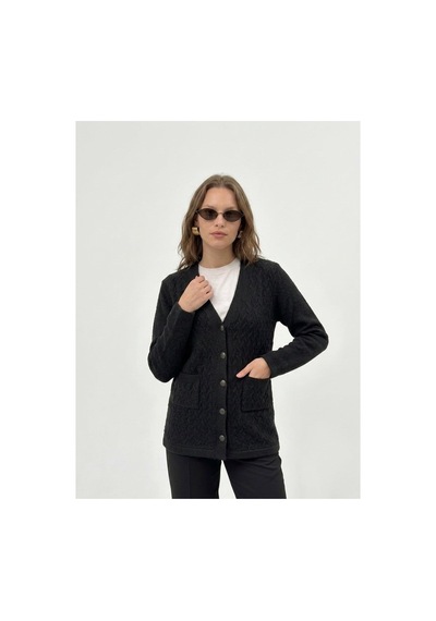 Onno Style Women Kendinden Desenli Jakarlı Kadın Ceket Siyah