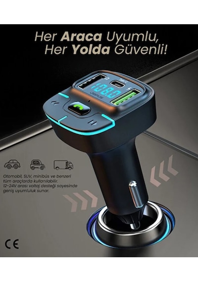 Araç Müzik Çalar Fm Transmitter F9 Bluetooth Araç Kiti Usb Type-c Hızlı Şarj Çıkışlı Çakmaklık Şarj