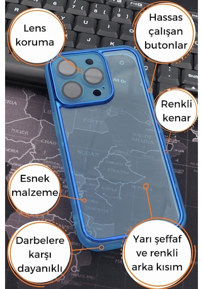 Apple Uyumlu iPhone 14 Pro  Mavi Kenarlı Renkli Yarı Şeffaf Kapak Kılıf Kamera Lens Korumalı Mavi