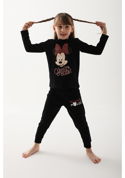 Minnie Mouse Siyah Kız Çocuk Uzun Kol Pijama Takım Siyah