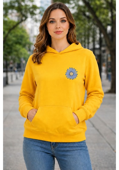 Herkesemoda Papatya Baskılı Kapüşonlu 2 İplik Şardonlu Sweatshirt Sarı