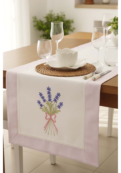 Lavanta İşlemeli Buldan Kumaş Runner 50x130 Cm Krem