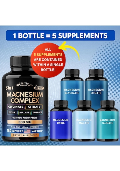 Magnesium 5-in-1 Complex Glycinate, Citrate, Oxide, Malate & Taurate 500 Mg 180 Capsules