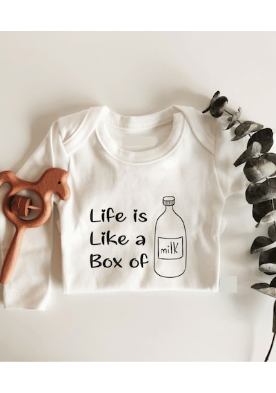 İmaj Tuğbababy Life Is Like A Box Of Milk Uzun Kol Çıtçıtlı Organik Bebek Body Beyaz