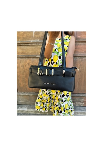 Just Polo Kadın Gold Aksesuarlı Kemer Detaylı Şık El Çantası Shopper Ebat : 14 X 30 Cm Siyah