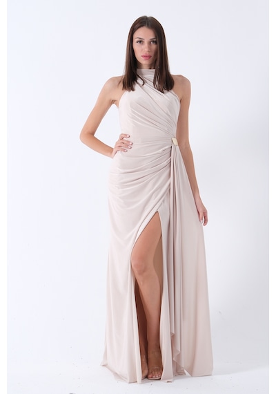 Feminist Bej Halter Yaka Drapeli Beli Gold Toka Detaylı Straplez Abiye 9705862