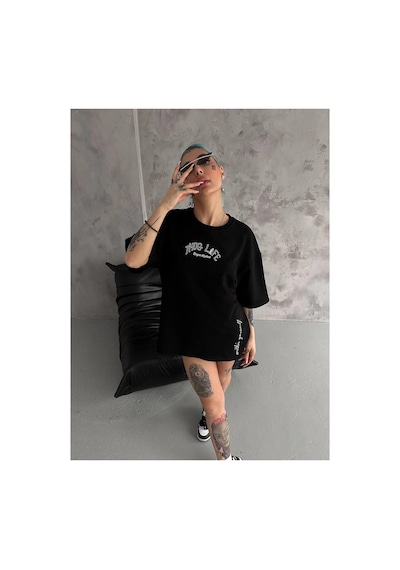 Kadın Kısa Kol Tişört Bisiklet Yaka Filistin Poşülü Baskılı T-shirt - Siyah