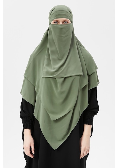Altobeh Hazır Pratik Şifon Üç Katlı Peçeli Üçgen Hac Umre Şalı Sufle Hijab Nikap Fıstık Yeşili