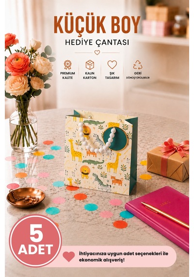 5 Adet 15.4 X 18.4 X 7.6 Cm - Safari Hayvan Desenli Küçük Boy Karton Hediye Çantası 3+